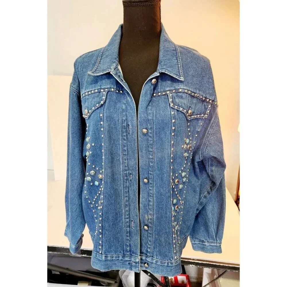 Vintage I.B. Diffusion Denim Jean Jacket Silver & Turquoise Studs Size 1…